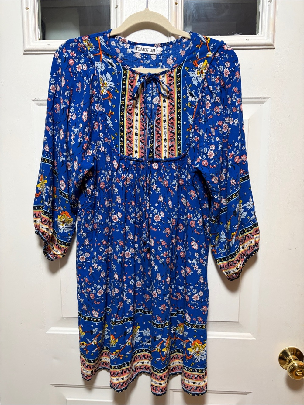 Blue Floral Boho Peasant Dress with Tie Front